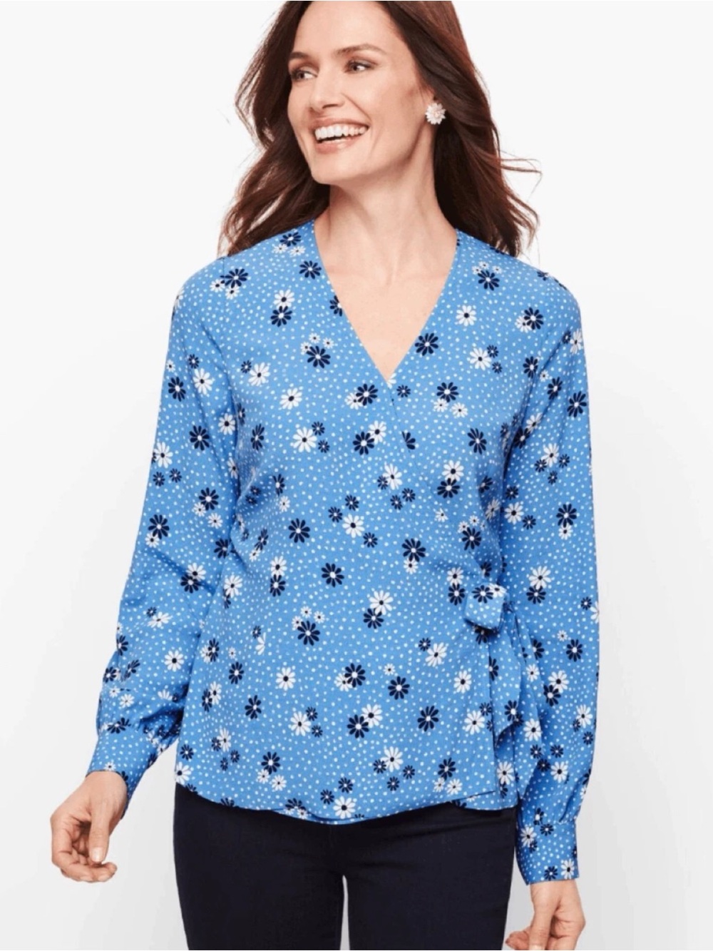 Talbots Blue Floral Poet Sleeve V-Neck Dot Wrap Blouse Womens Sz Medium Romantic